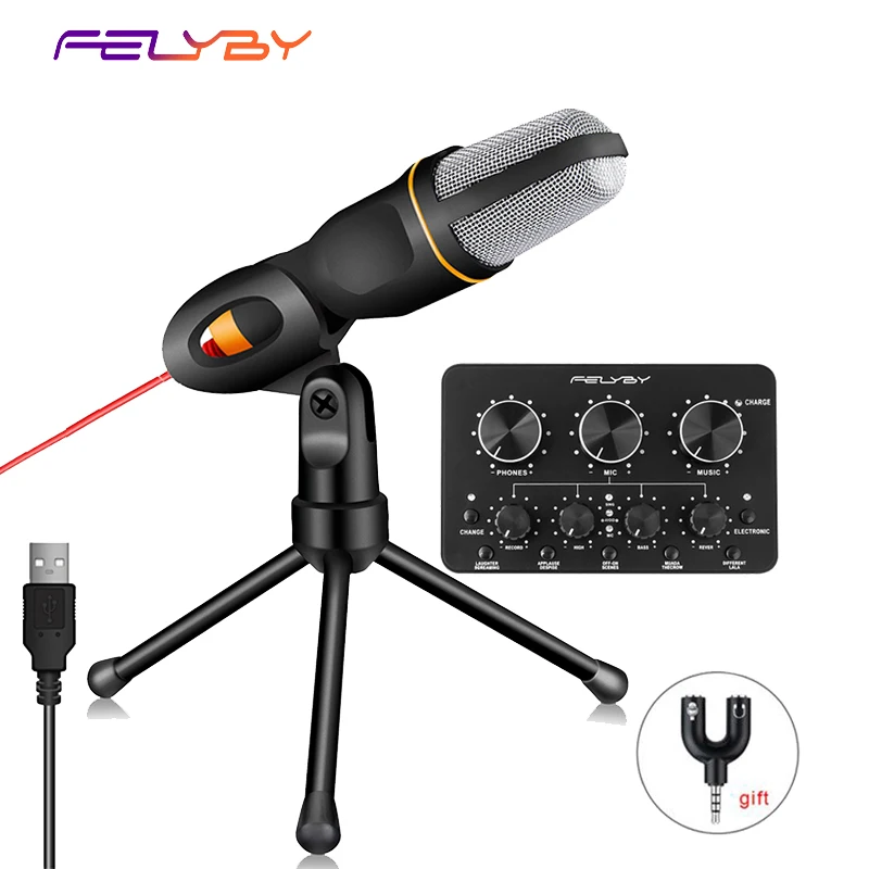 USB микрофон FELYBY для ПК конденсаторный Студийный с подключением к штативу