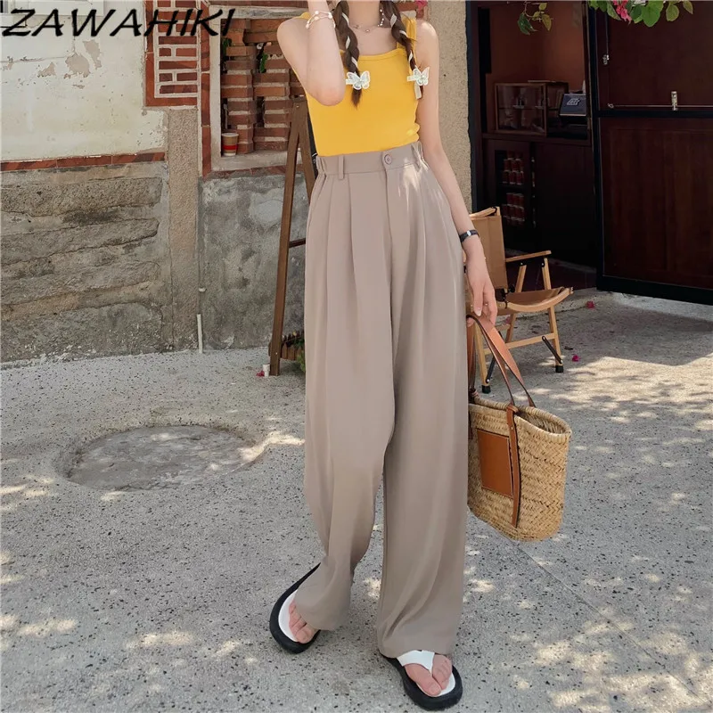 

ZAWAHIKI Korean Fashion Casual Women's Pants Summer 2021 High Waist Loose Straight Wide Leg Pants All-match Solid Long Trousers
