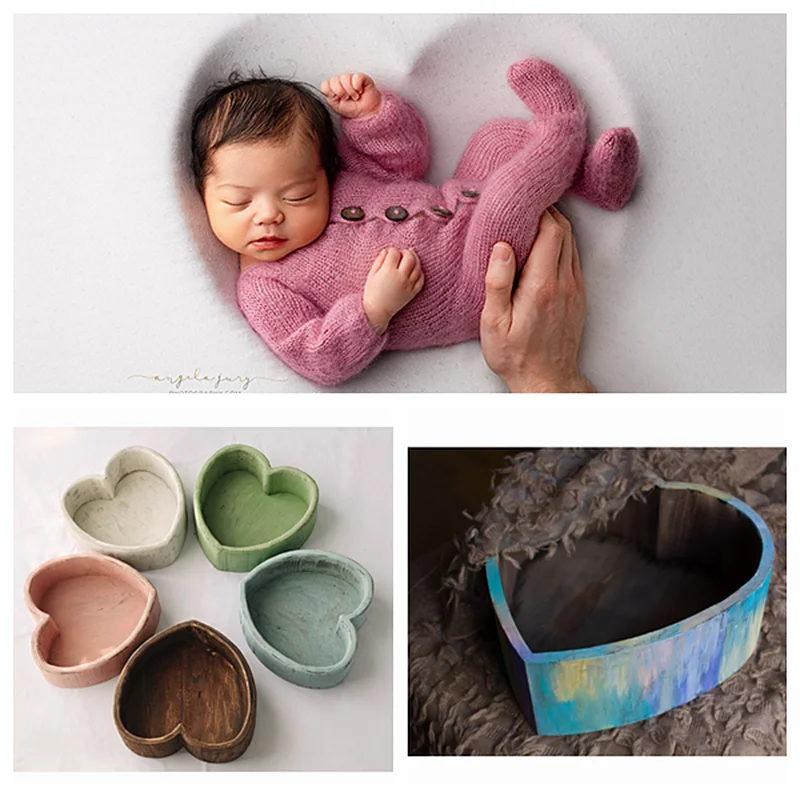 New newborn photography props heart shaped tub love shape colorful solid wood container full moon baby photo