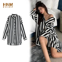 hnmchief black striped sleepshirt 2020 summer autumn silk womens sleepwear sexy long nightgown shirt girl outwear nightdress