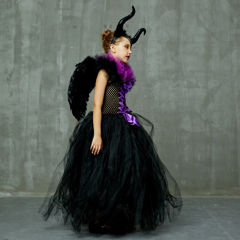 Maleficent/черное платье-пачка с роскошными рогами и крыльями; нарядное платье для девочек; Детский костюм ведьмы для косплея на Хэллоуин