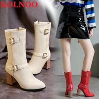 kolnoo new handmade ladies chunky heels boots buckles decos four colors warm midcalf booties evening party fashion winter shoes