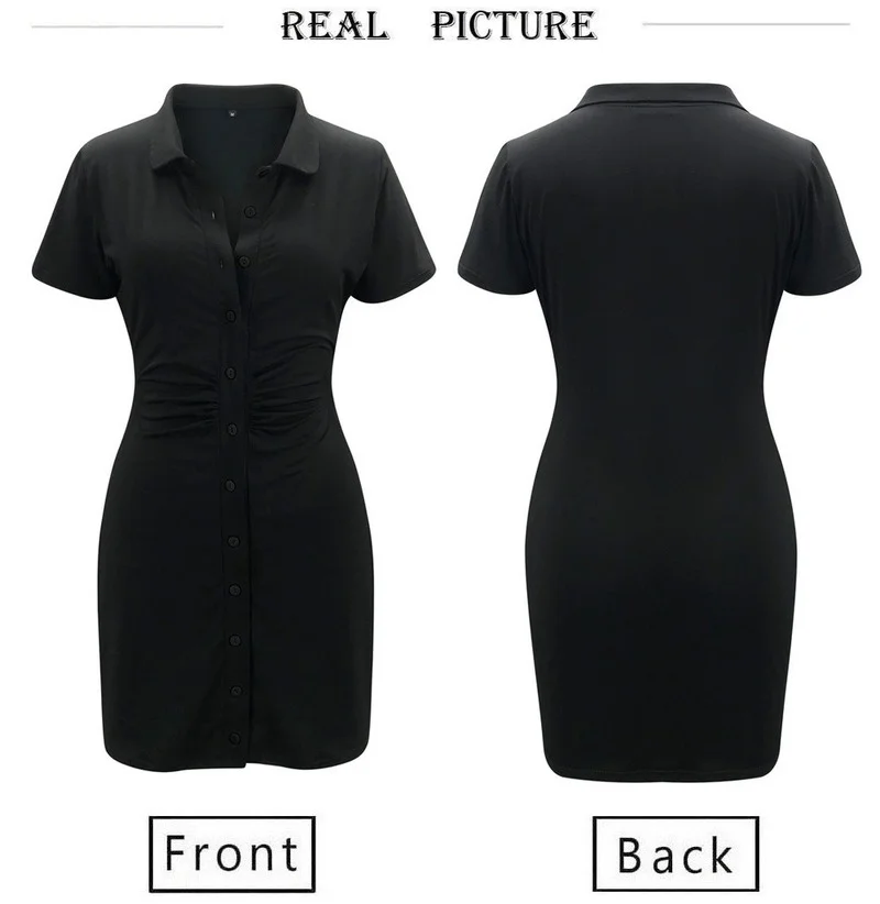 

Woman Shirt Dress Button Mini Dresses Solid Color Short Sleeve Clothes Black Summer Bodycon Dress Lapel Plus Size Dress Women