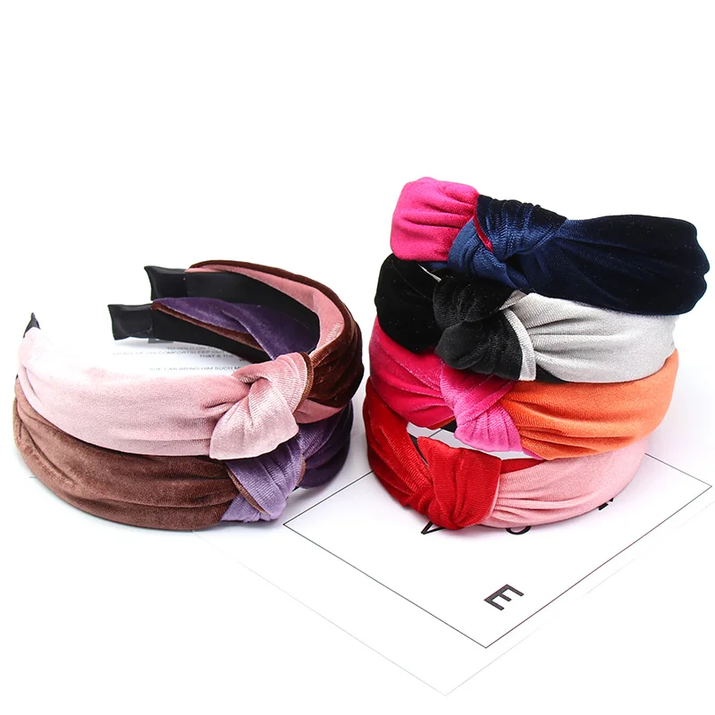 

Cn Winter Patchwork Velve Kont Headband For Women Fashion Knotted Hairband Makeup Hair Hoop Women Girl 2019 New Hair Accessories