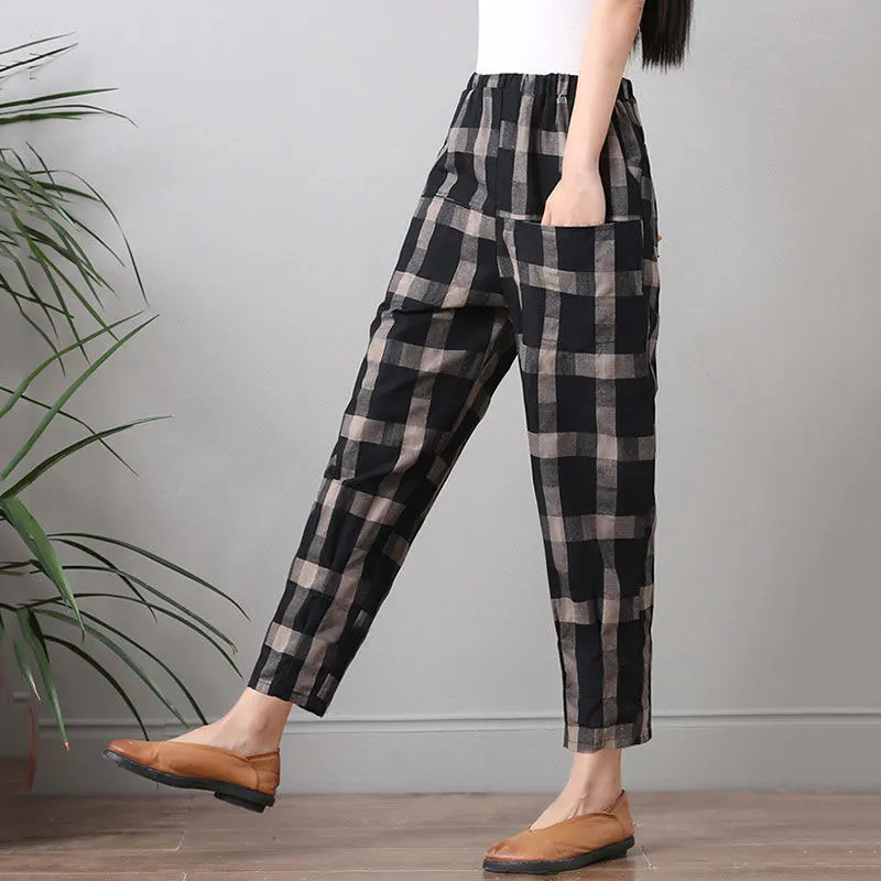 

Spring Summer New Fashion Women Harem Pants Elastic Waist Loose Casual Plaid Cotton Ankle-length Pants Ladies Trousers D60