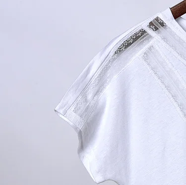 

Women T-shirt 2020 Spring and Summer New Temperament Ladies Round Neck Lace Decoration All-match Short-sleeved T-shirt Women