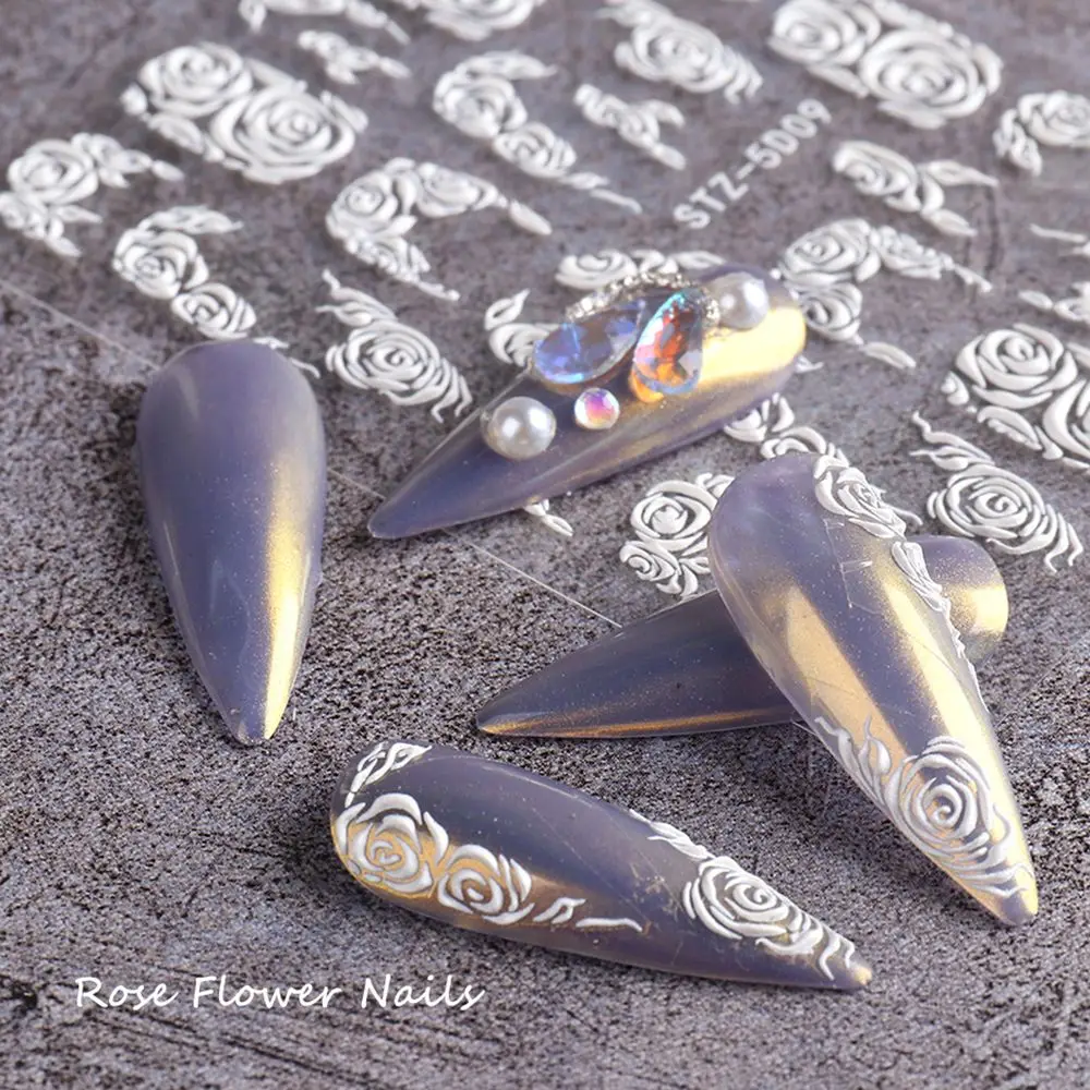 

5D Acrylic White Wedding Design Nail Stickers Embossed Flower Lace Adhesive Decals French Winter Sliders DIY Manicure Decor