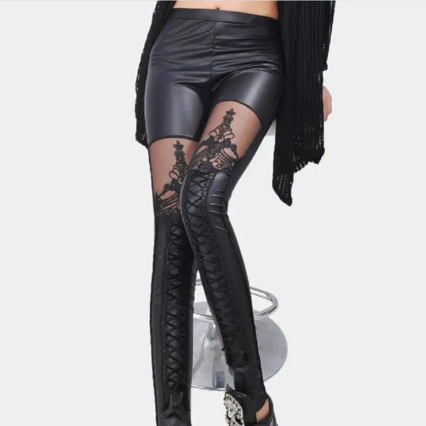 

Black Legins Punk Gothic Fashion Women Leggings Sexy PU Leather Stitching Embroidery Hollow Lace Legging For Women Leggins