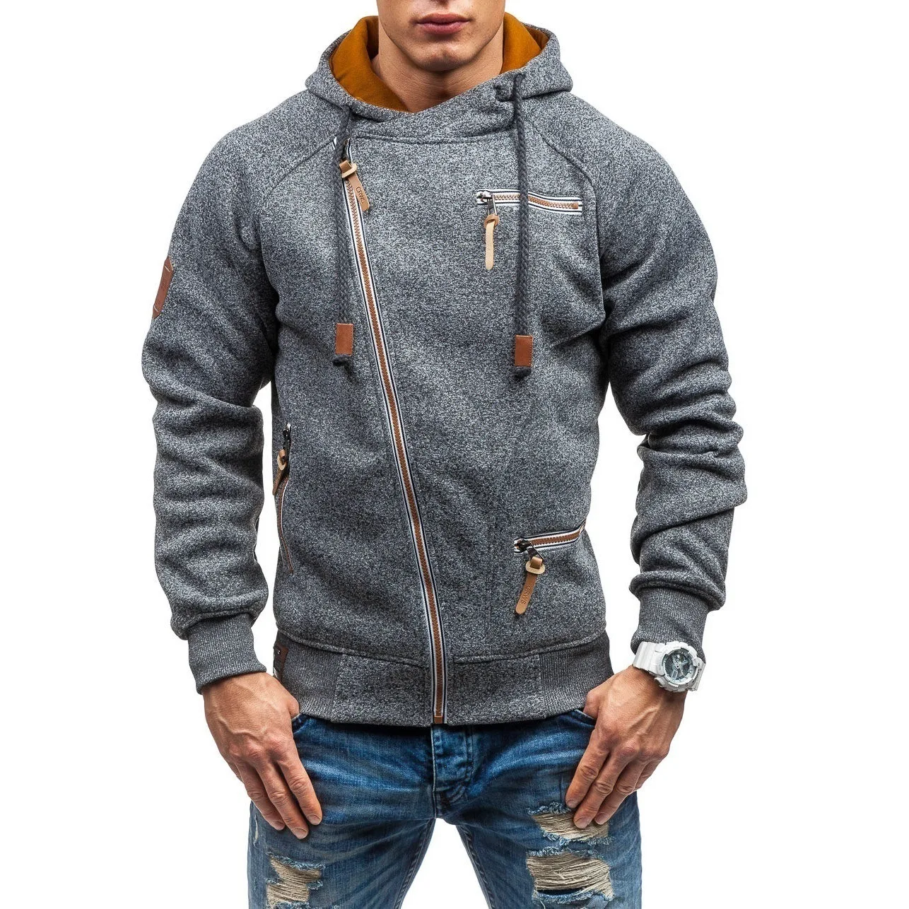 

2021 New Fashion Men's Casual Hoodies Autumn Winter Men Oblique Zipper Sports Outwear Hooded Tops Plus Size