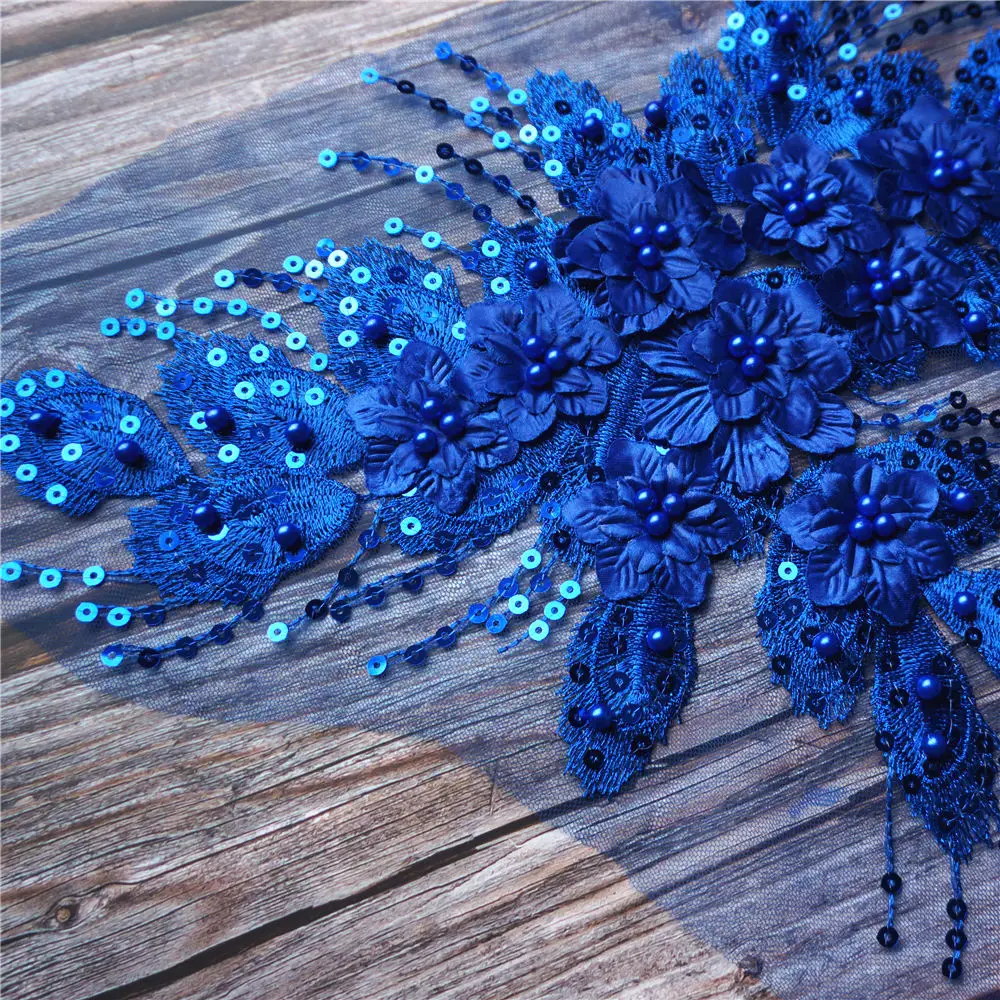 Королевский синий блестящий бахрома 3D цветок Роза бусины кружевная ткань