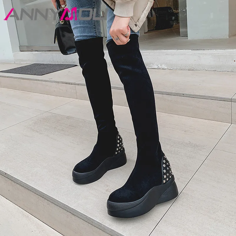 Ботфорты ANNYMOLI женские из натуральной кожи сапоги на платформе плоская подошва