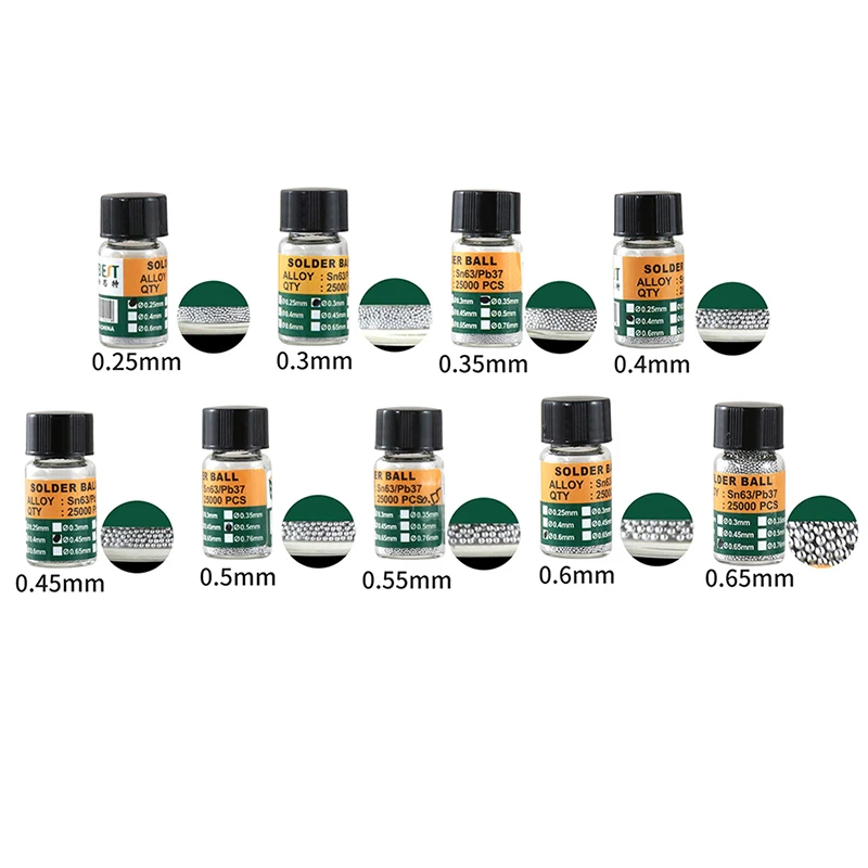 

Шарик для пайки BEST-505 0,25 0,3 0,35 0,4 0,45 0,5 0,55 мм Sn63/Pb37, свинцовые оловянные гранулы для низкотемпературных инструментов для ремонта BGA