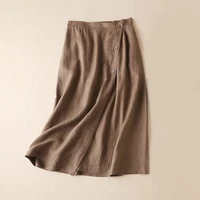 100 linen skirt women 2021 spring summer thin elastic wasit a line mid long vintage slit high waist simple m 2xl plus size