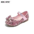 EOSNYX 2021, детская обувь для девочек, летние милые повседневные блестящие Лоферы для девочек на плоской подошве с цветком и бантом-бабочкой, синие, розовые, серебристые