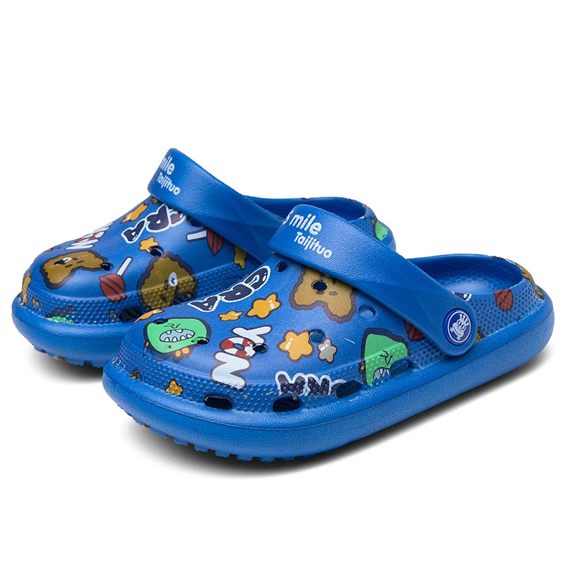 Сандалии детские резиновые, босоножки с дырками, с мультяшным принтом,  синие пляжные тапочки на плоской подошве, летняя обувь | AliExpress