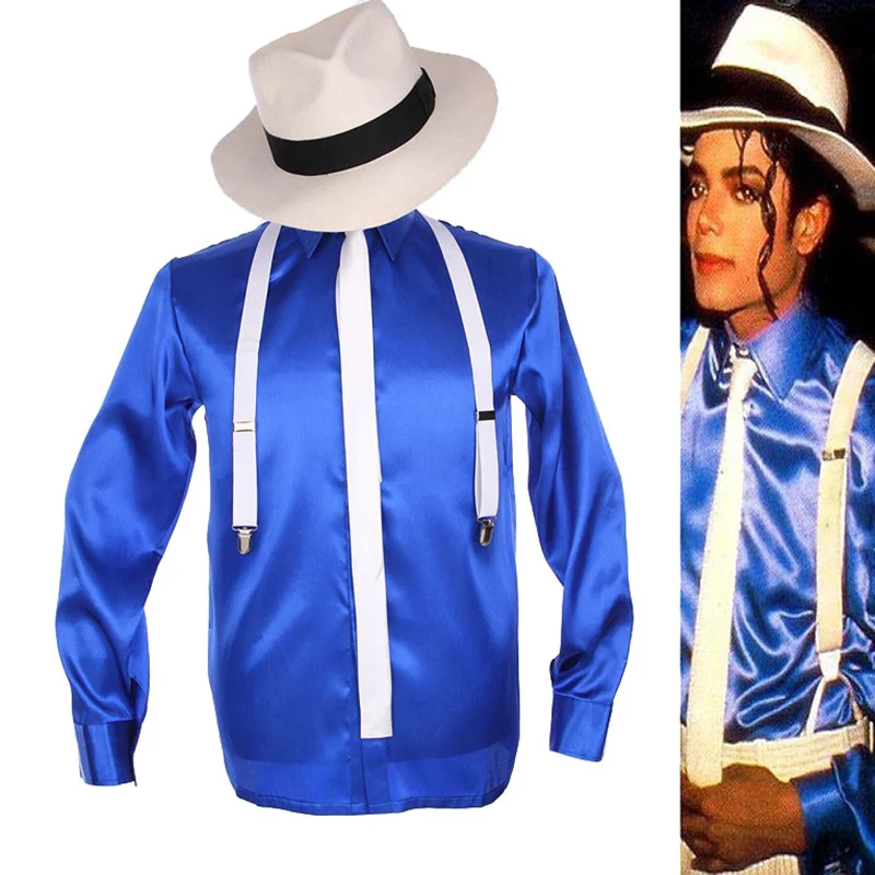

Punk MJ Michael Jackson Smooth Criminal MTV Fedora Bule Shining Shirt Tie Suspender for Men Kids Gift