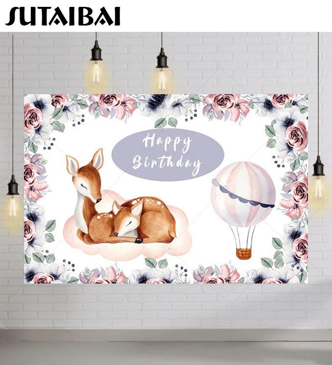 

Cute Deer Happy Birthday Party Custom Backdrop Hot Air Balloon Flowers Baby Shower Photo Background Banner Photography Studio