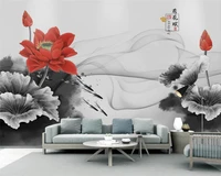 beibehang customized modern personality wall paper new chinese style smoke ink red lotus background papel de parede wallpaper
