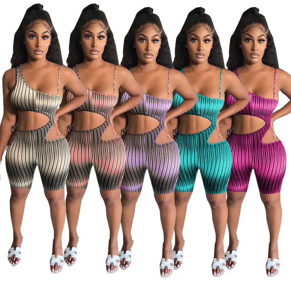 

M9061 women's fashion sexy hollow out printing lace up asymmetric one-piece shorts