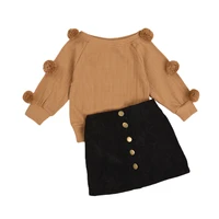 2pcs toddler kids solid color outfits baby girls long sleeve round neck pompom knitwear decorative button skirt suit clothes