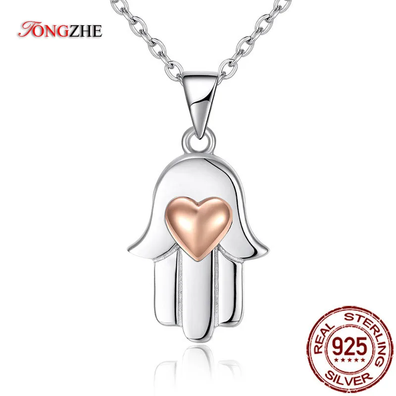 

TONGZHE 100% 925 Strerlng Silver Heart Love Pendants&Necklace Lucky Hamsa Gold Color Handmade Women Jewelry Wholesale KLTN075-1