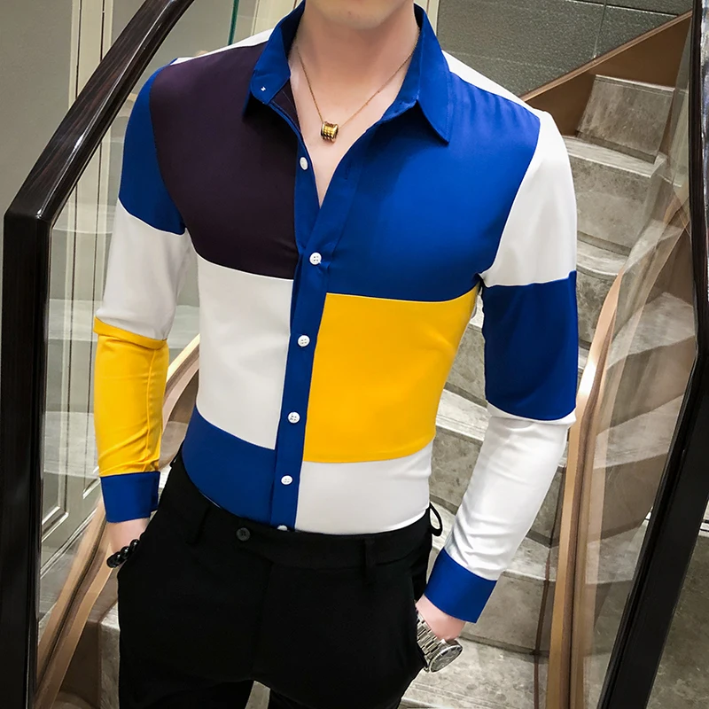 Горячая Распродажа цветная Мужская рубашка в стиле пэчворк весна 2020 приталенные