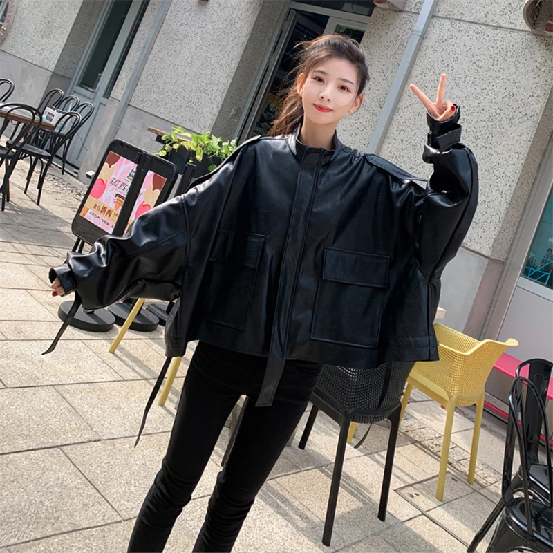 

2019 Autumn Winter New Fashion Women Loose Leather jacket Casual Large size Standing collar PU Jacket cc1569