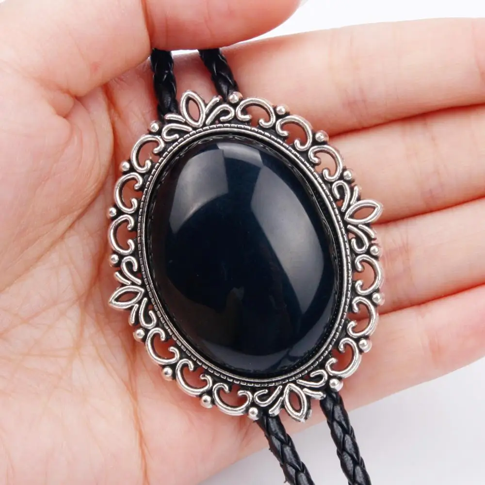 

Vintage Western Cowboy Mens BOLO Tie Slide Clip Middle Turquoise/Black Onyx Braided Rope