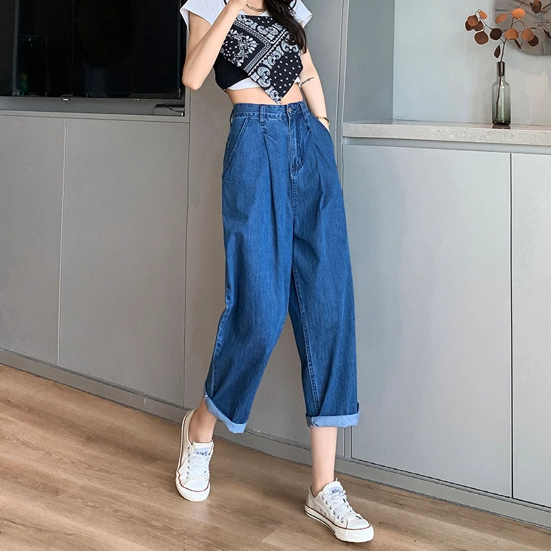 

Internet Celebrity High Waist Harem Jeans Women's Summer Thin Cotton Loose Straight Wide Leg Banana Pants Ankle-Length Dad Jeans