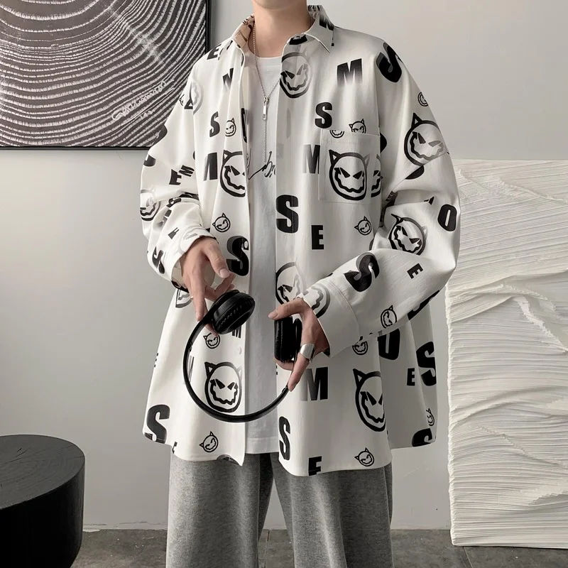 

QWEEK Emo Graphic Cardigan Hip Hop Harajuku Shirt Women Gothic Oversize Fall 2021 Fashion Long Sleeve White Black Blouse Men