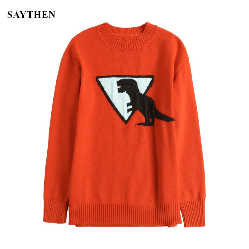 

SAYTHEN 2021 Autumn Winter Cartoon Animal Pattern Long Sleeve Sweater Cute Orange Pullovers Casual Fashion Knitted Top