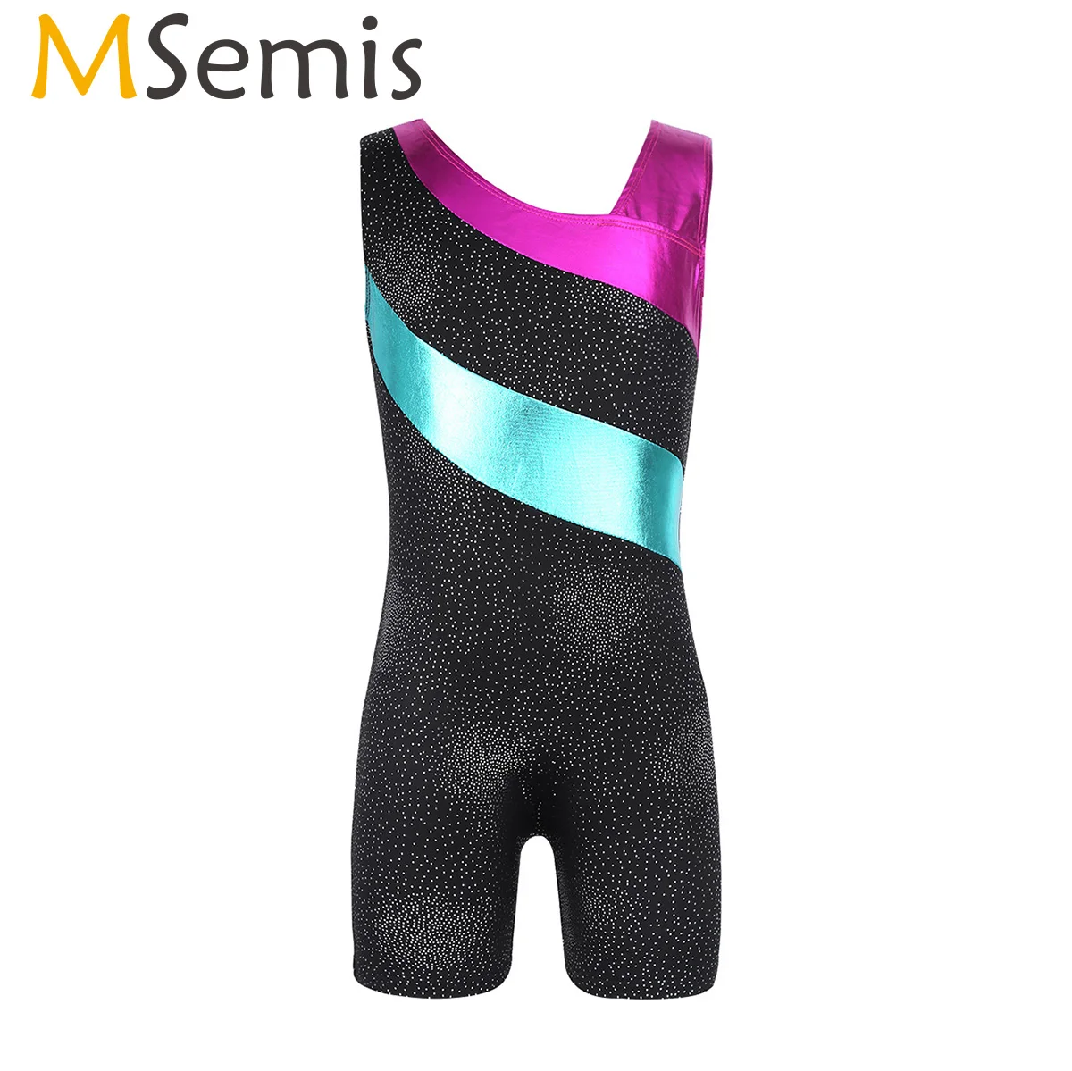 

Gymnastics Leotards Girls Sleeveless Shiny Splice Ballet Dancewear Child Professional Dance Costumes Bodysuit Workout Unitard