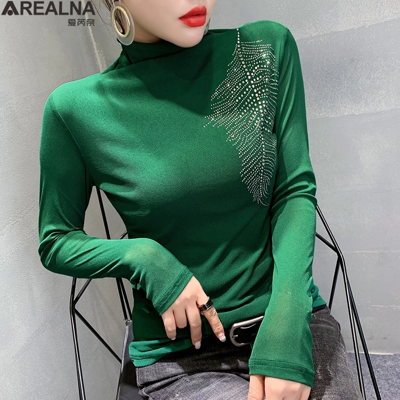 

Mesh Tops Turtleneck Long Sleeve T-shirt Stretch mujer camisetas 2021 spring Fashion Office Drill Slim Female Bottoming Shirt