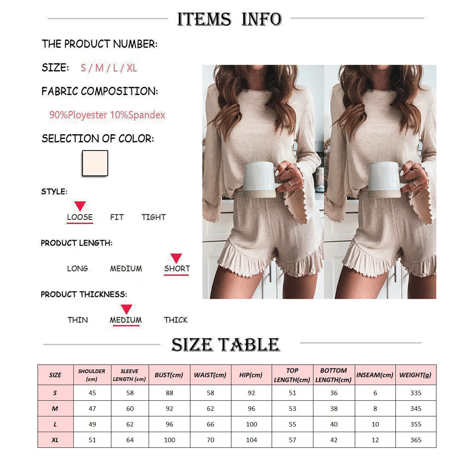 

New Women's Casual Tshirst Top High-Waist Shorts Long Sleeve Round Collar Tops Ruffle Elastic Pants Outfits 2pcs Loose HomeWear