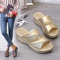 women sequined cloth slippers bling wedges platform summer beach casual slides woman shoes plus size ladies footwear 2021