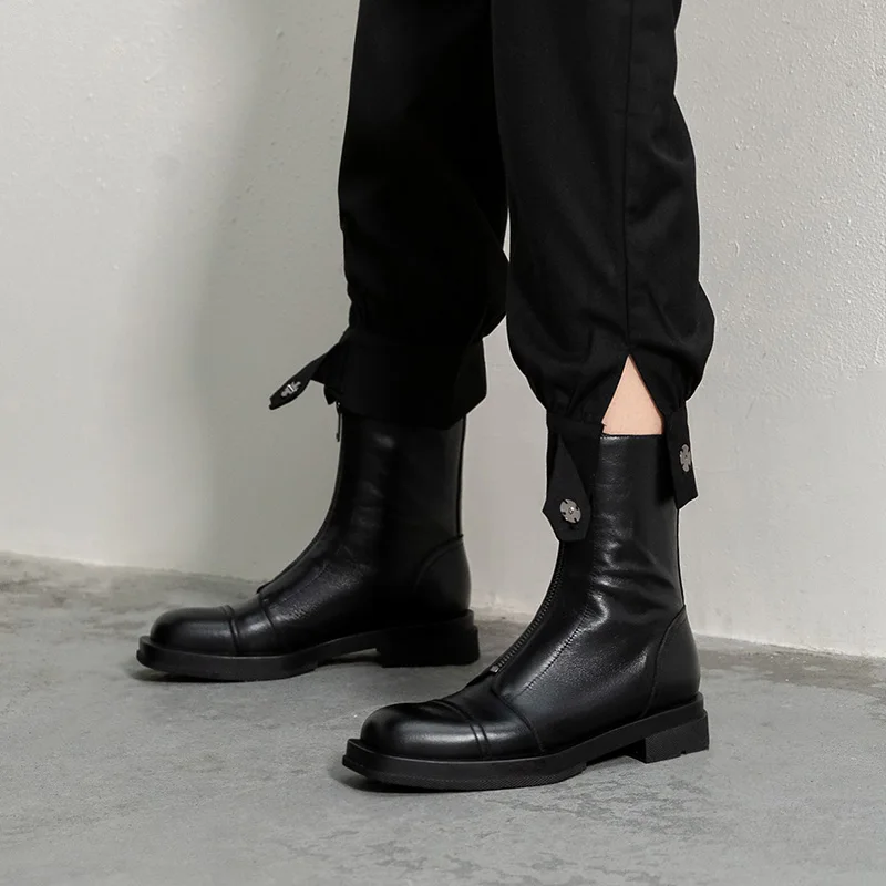 

Royesic Genuine Cow Leather Women's British style thick-soled mid-tube boots 2020 autumn new zipper flat ankle boots women