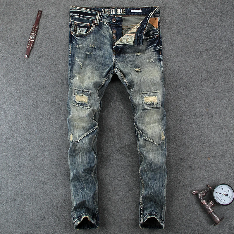 

Fashion Designer Mens Jeans Knee Hole Frayed Ripped Jeans for Men Beggar Pants Brand Buttons Pants Slim Fit Biker Jeans Men