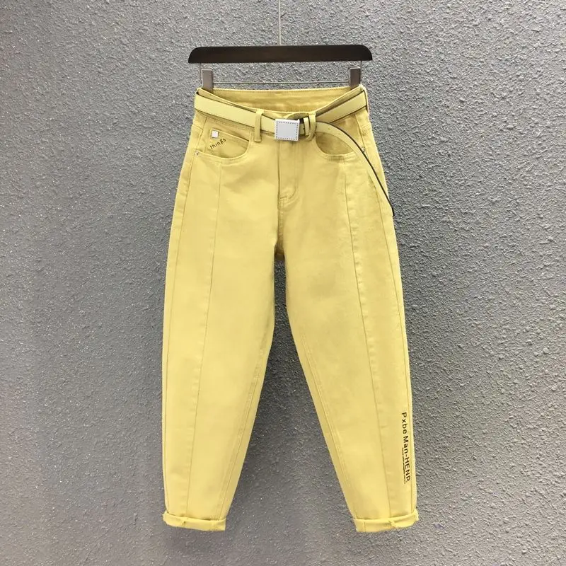 

Светильник-желтые брюки Папа Новинка весна-осень 2021 шаровары с буквенным принтом Длинные свободные повседневные женские джинсы с высокой т...