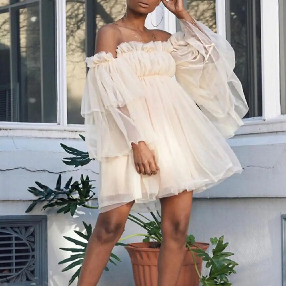 

Mesh Off Shoulder Backless Elegant Women Dress Spring Summer Loose Long Sleeve Mini Dress Solid Fashion Lady Pleated Beach Dress