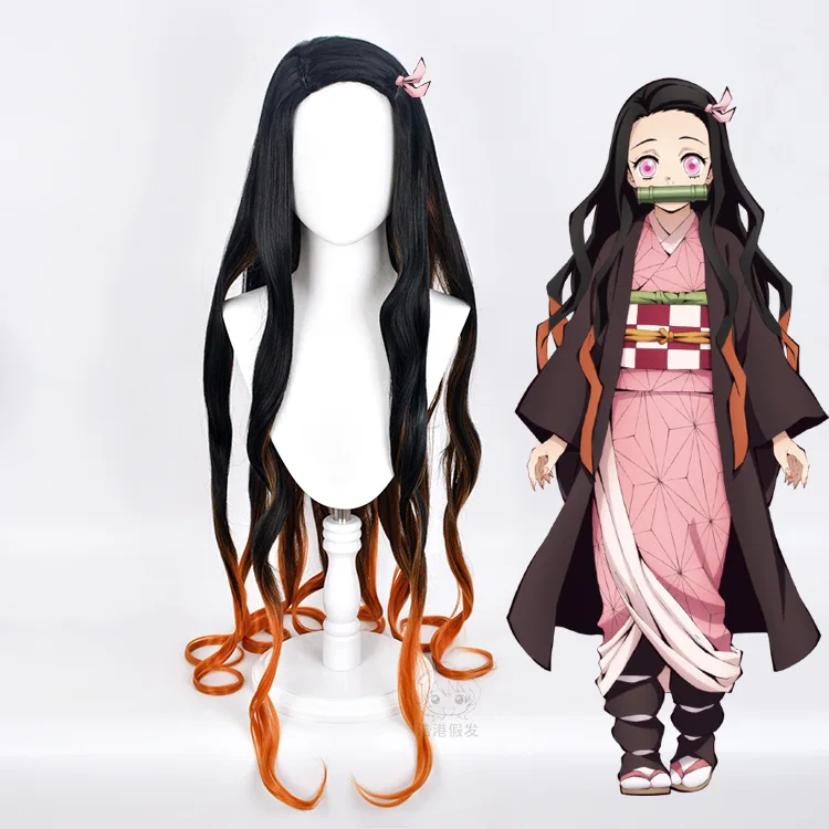 

Anime Demon Slayer: Kimetsu No Yaiba Kamado Nezuko Cosplay Costume Wigs 100cm Long Curly Wavy Heat Resistant Hiar
