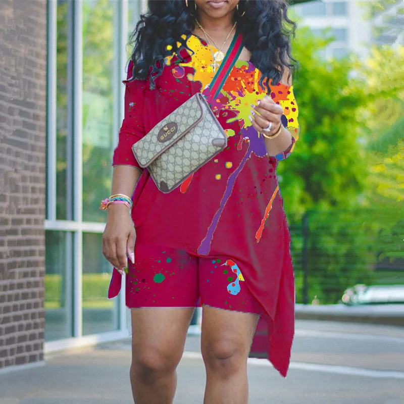 

2021 Women Set Outfits Fashionable Splash ink Print Skew Collar Long Tops and skinny Shorts 2 Two Piece Set Tracksuits