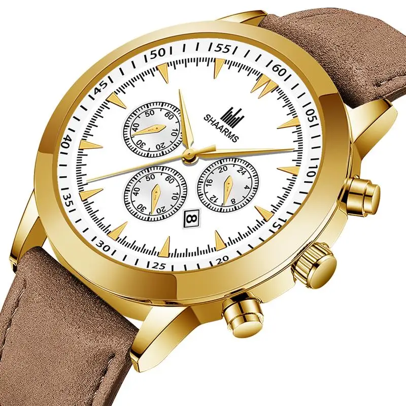 Мужские кварцевые часы SHAARMS модные повседневные с кожаным ремешком наручные |