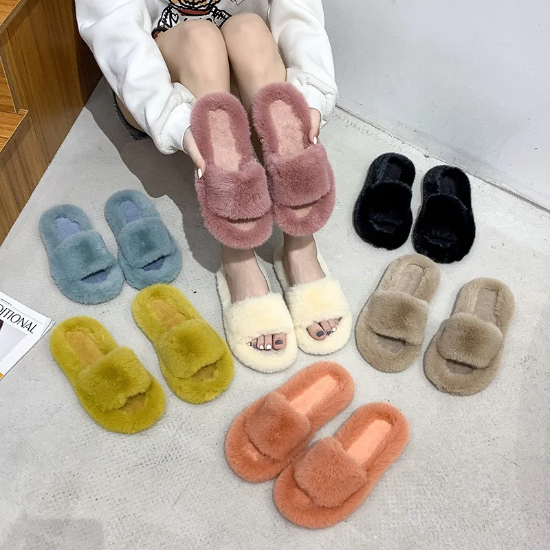 

Winter Women House Slippers Faux Fur Warm Flat Shoes Female Slip on Home Furry Ladies Slippers Size 35-40 Wholesale W20
