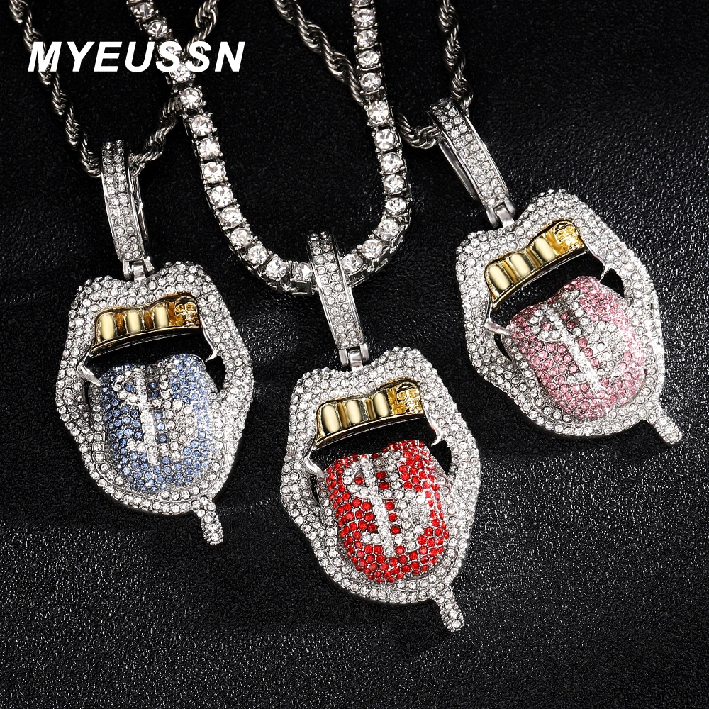 

Hip Hop Dollar Symbol Micro Pave Dripping Lips necklace men Iced Out Bling Tongue Pendant Necklace Tennis Chain women Jewellery