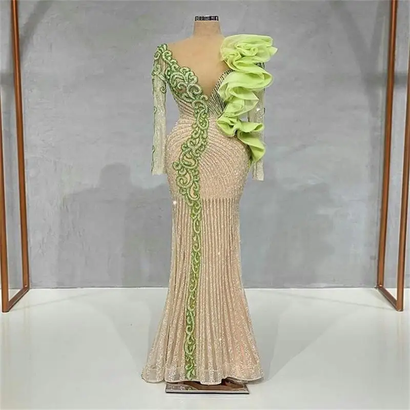 

Luxury Evening Dresses Glitter Crystal Sequins Beads Appliqued Mermaid Prom Dresses Long Sleeves Custom Made Formal Party Gowns