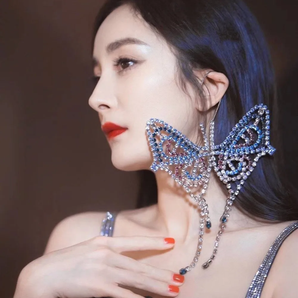 

1pc fashionable exaggerated color Rhinestone big butterfly ear hook drop hanging earrings for girls luxury crystal Tassel Earrin