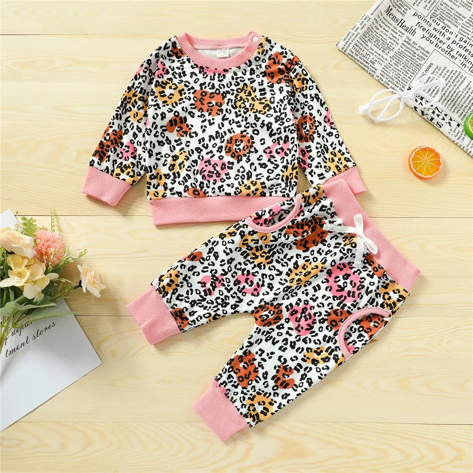 

WenaZao Infant Baby Leopard Print Clothes Set, Girls Long Sleeve T-shirt +Drawstring Waist Trousers Toddler Autumn Keep Warm Set