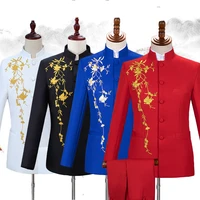 chinese tunic suit plus size white set 2019 formal wear flower embroidered slim jacket pants men singer show stage wear vdb858