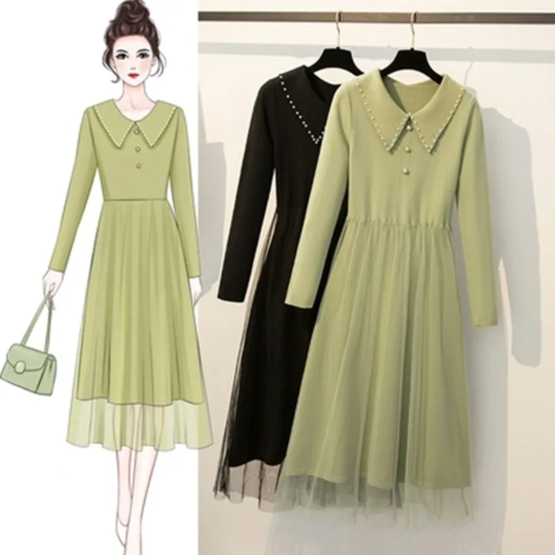 

Женское трикотажное платье, элегантное Сетчатое платье-свитер с отложным воротником и бисером, Осень-зима размера плюс, 2021