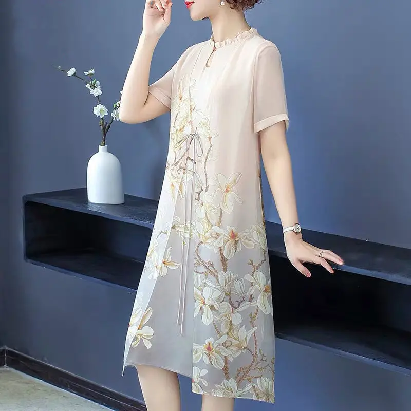 

2021 spring and summer dress western noble women's short-sleeved over-the-knee dress